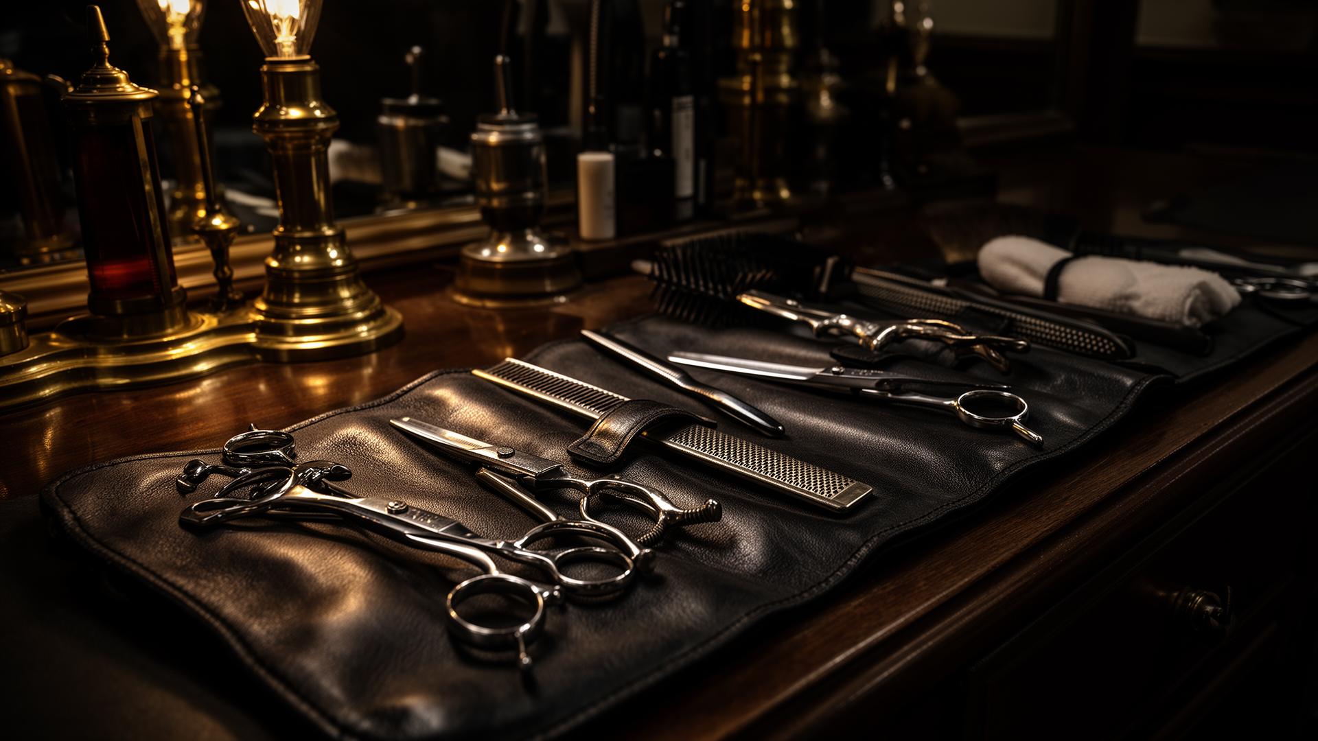 Barber tools laid out on dark leather